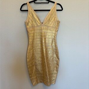 Herve Leger Gold Shimmer Body Con Dress size Small